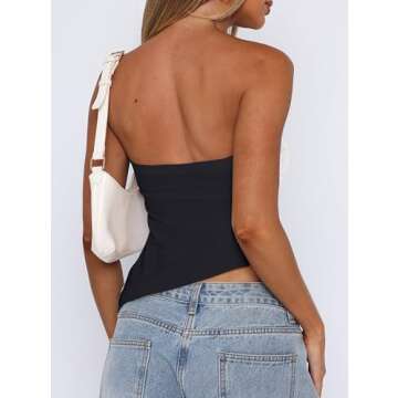 CSDAJIO Asymmetrical Tops for Women Ruched Side Long Tube Top Strapless Bandeau Top Summer Going Out Backless Shirt Black X-Small