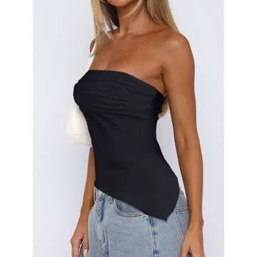 CSDAJIO Asymmetrical Tops for Women Ruched Side Long Tube Top Strapless Bandeau Top Summer Going Out Backless Shirt Black X-Small