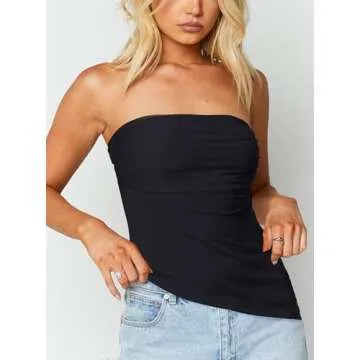 CSDAJIO Asymmetrical Tops for Women Ruched Side Long Tube Top Strapless Bandeau Top Summer Going Out Backless Shirt Black X-Small
