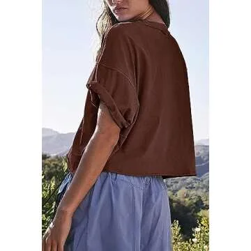 Carpetcom Oversized Workout Shirts for Women Short Sleeve Casual Drop Shoulder Basic Crop Tops Loose Fit Gym Yoga Athletic Boxy Tee Earthy