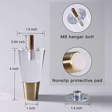 WEKIS Acrylic Furniture Legs 4 Inch Set of 4, Modern Clear Crystal Heavy Duty Furniture Replacement Legs for Sofa, Bench, Couch, Cabinet, TV Stand, Chair, Dresser