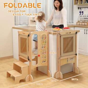 JUZBOT Toddler Tower, Foldable Toddler Kitchen Stool Helper with 2 Step Stool, Wooden Toddler Stool ...