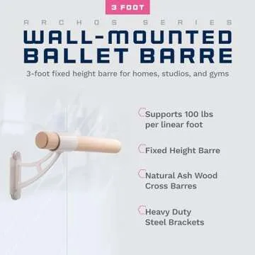 VITA Barre Wall-Mounted Single Ballet Barre, Archos, 3 Ft Bar, Wood | Fixed Height, Made in USA, Hom...