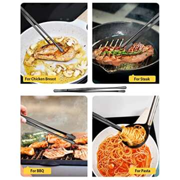 4 Pcs Fine Long Tweezer Tongs Professional Black, 12'' and 10'' Stainless Steel for Kitchen, Food, Cooking, Repairing, Sea food and BBQ