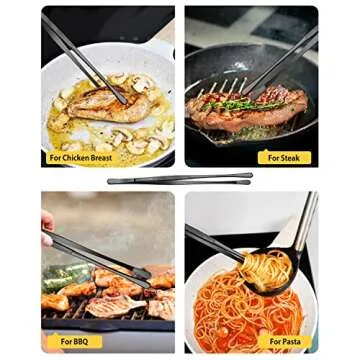 4 Pcs Fine Long Tweezer Tongs Professional Black, 12'' and 10'' Stainless Steel for Kitchen, Food, Cooking, Repairing, Sea food and BBQ