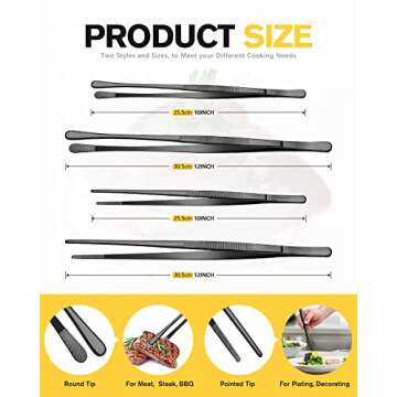 4 Pcs Fine Long Tweezer Tongs Professional Black, 12'' and 10'' Stainless Steel for Kitchen, Food, Cooking, Repairing, Sea food and BBQ