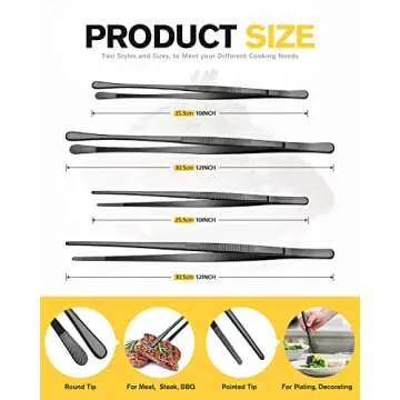 4 Pcs Fine Long Tweezer Tongs Professional Black, 12'' and 10'' Stainless Steel for Kitchen, Food, Cooking, Repairing, Sea food and BBQ