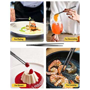 4 Pcs Fine Long Tweezer Tongs Professional Black, 12'' and 10'' Stainless Steel for Kitchen, Food, Cooking, Repairing, Sea food and BBQ