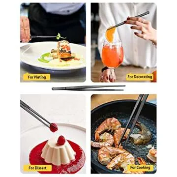 4 Pcs Fine Long Tweezer Tongs Professional Black, 12'' and 10'' Stainless Steel for Kitchen, Food, Cooking, Repairing, Sea food and BBQ