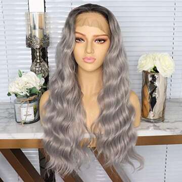 DBOWIN QUEEN HAIR Long Grey Body Wavy Lace Front Wigs for Women Thick Soft Heat Resistant Gray Ombre Synthetic Wig Fiber Hair for Everyday life(24inch, Omber Grey)