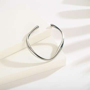 WOWORAMA Dainty Silver Cuff Bracelets for Women Irregular Teardrop Open Cuff Bangles Adjustable Bracelets Simple Minimalist Bangle Bracelets - White Gold