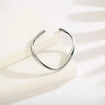 WOWORAMA Dainty Silver Cuff Bracelets for Women Irregular Teardrop Open Cuff Bangles Adjustable Bracelets Simple Minimalist Bangle Bracelets - White Gold