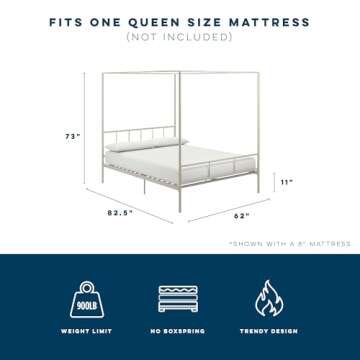 Novogratz Marion Metal Canopy Bed Frame in Off White Queen Size