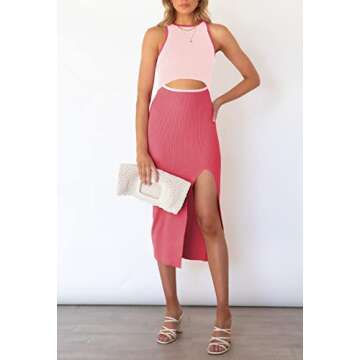 Pink Queen Sexy Dresses for Women Sleeveless Cutout Bodycon Wedding Guest Party Ribbed Knit Midi Dress Pink XS
