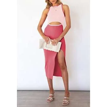Pink Queen Sexy Dresses for Women Sleeveless Cutout Bodycon Wedding Guest Party Ribbed Knit Midi Dress Pink XS