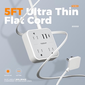 TESSAN 5 FT Ultra Thin Flat Extension Cord with USB Ports
