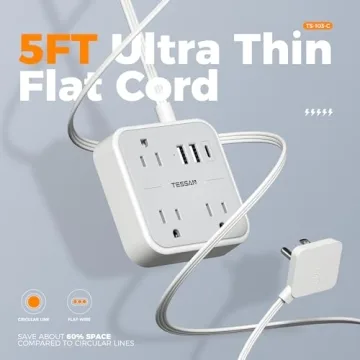 TESSAN 5 FT Ultra Thin Flat Extension Cord with USB Ports