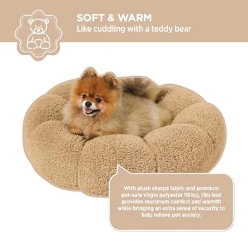 Lesure Calming Small Dog Bed - Flower Donut Round Fluffy Puppy Bed in Plush Teddy Sherpa, Non-Slip Cute Flower Cat Beds for Indoor Cats, Small Pet Bed Fits up to 25 lbs, Machine Washable, Camel 23"