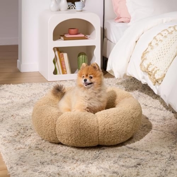Lesure Calming Small Dog Bed - Flower Donut Round Fluffy Puppy Bed in Plush Teddy Sherpa, Non-Slip Cute Flower Cat Beds for Indoor Cats, Small Pet Bed Fits up to 25 lbs, Machine Washable, Camel 23"