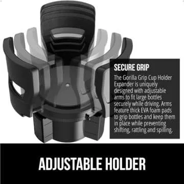 GORILLA GRIP Car Cup Holder Expander, Keeps Large Drink Cups Secure, Expander Fits Yeti, HydroFlask, Stanley 18 to 48oz Large Water Bottles, Coffee Mug, Adjustable Arms and Base Insert, Black