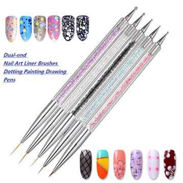 5PCS Nail Art Liner Brushes, UV Gel Painting Nail Design Brush Pen, Nail Dotting Pen Brush Kit Nail Art Tool, Dual-ended Nail Art Liner Brushes