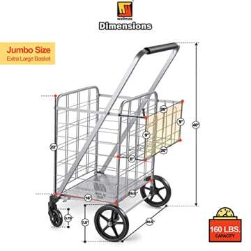 Wellmax Heavy Duty Folding Shopping Cart with Extra Basket