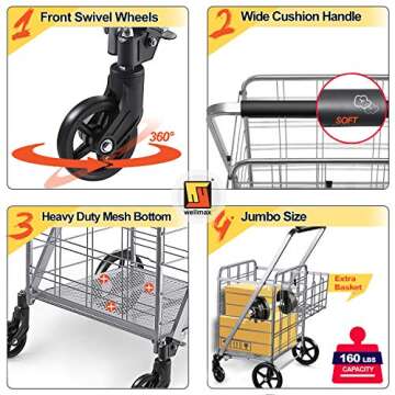 Wellmax Heavy Duty Folding Shopping Cart with Extra Basket