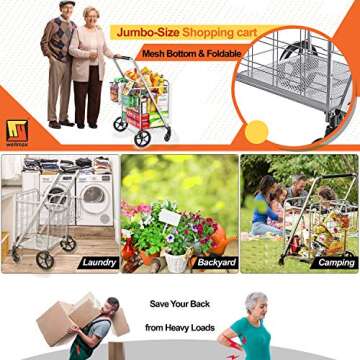 Wellmax Heavy Duty Folding Shopping Cart with Extra Basket