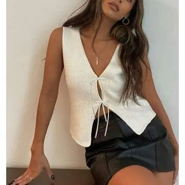 Meihuida Women Vest Top Tie Front Y2k Crochet Knit V Neck Sleeveless Vest Casual Streetwear White L