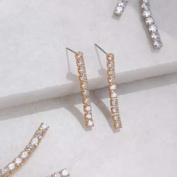 Gold Dangle Earrings for Women - Rhinestone Earrings Dangling, CZ Drop Earrings, Cubic Zirconia Earrings, Simulated Diamond Dainty Earrings, Long Earrings for Formal or Bride, Gold Tone Bar Earrings