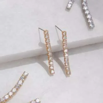 Gold Dangle Earrings for Women - Rhinestone Earrings Dangling, CZ Drop Earrings, Cubic Zirconia Earrings, Simulated Diamond Dainty Earrings, Long Earrings for Formal or Bride, Gold Tone Bar Earrings