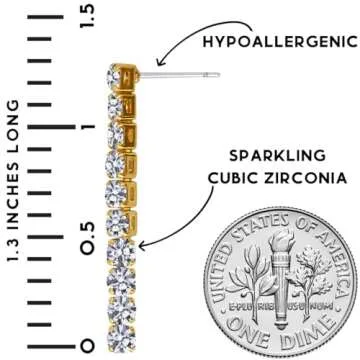 Gold Dangle Earrings for Women - Rhinestone Earrings Dangling, CZ Drop Earrings, Cubic Zirconia Earrings, Simulated Diamond Dainty Earrings, Long Earrings for Formal or Bride, Gold Tone Bar Earrings