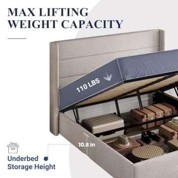 Allewie Full Size Lift Up Storage Bed, Modern Wingback Headboard, Hydraulic Support, No Box Spring Needed, Light Beige