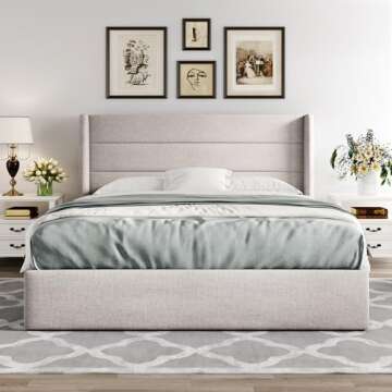Allewie Full Size Lift Up Storage Bed, Modern Wingback Headboard, Hydraulic Support, No Box Spring Needed, Light Beige