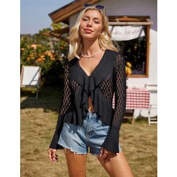GRACE KARIN Women Hollow Out Cardigan Sweater Lapel Tie Front Crochet Knit Shrugs Long Bell Sleeves ...