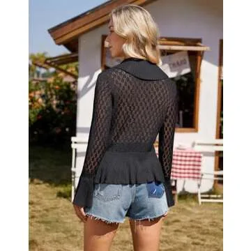 GRACE KARIN Women Hollow Out Cardigan Sweater Lapel Tie Front Crochet Knit Shrugs Long Bell Sleeves with Ruffled Hem Black Large