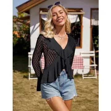 GRACE KARIN Women Hollow Out Cardigan Sweater Lapel Tie Front Crochet Knit Shrugs Long Bell Sleeves with Ruffled Hem Black Large