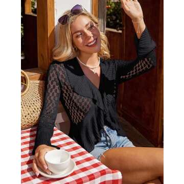 GRACE KARIN Women Hollow Out Cardigan Sweater Lapel Tie Front Crochet Knit Shrugs Long Bell Sleeves with Ruffled Hem Black Large