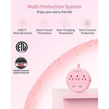 Rose Pink Power Strip with USB, NTONPOWER Flat Plug Extension Cord Nightst&Desktop Charging Station with 3 Outlet &2 USB, Wall Mount, Small Size for Dorm Room Home Office Travel, ,'5 FT Cord