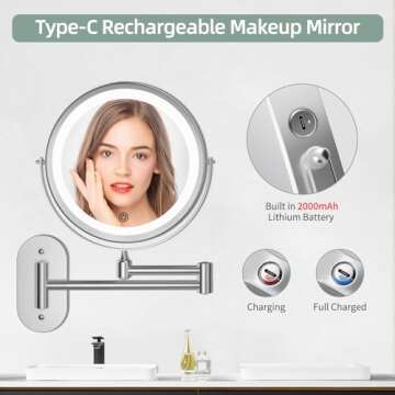 Rechargeable Wall Mounted Lighted Makeup Vanity Mirror 8 inch 1X/10X Magnifying Bathroom Mirror with...