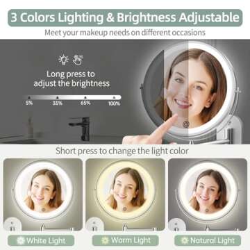 Rechargeable Wall Mounted Lighted Makeup Vanity Mirror 8 inch 1X/10X Magnifying Bathroom Mirror with 3 Color Lights, Double Sided with Dimmable LED Lights, Extended Arm 360° Swivel Extension Mirror