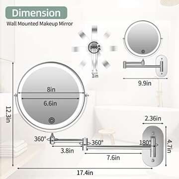 Rechargeable Wall Mounted Lighted Makeup Vanity Mirror 8 inch 1X/10X Magnifying Bathroom Mirror with 3 Color Lights, Double Sided with Dimmable LED Lights, Extended Arm 360° Swivel Extension Mirror