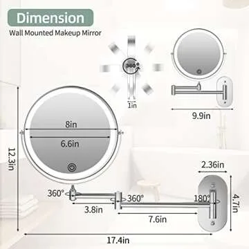 Rechargeable Wall Mounted Lighted Makeup Vanity Mirror 8 inch 1X/10X Magnifying Bathroom Mirror with 3 Color Lights, Double Sided with Dimmable LED Lights, Extended Arm 360° Swivel Extension Mirror