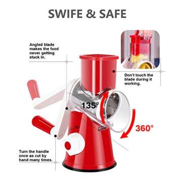Ancevsk Rotary Cheese Grater Shredder, Speed Kitchen Manual Round Mandolin Slicer Safe Grinder with 3 Interchangeable Blades for Nuts, Carrot, Hashbrown, Garlic, Walnut, Potato, Chocolate (Red)
