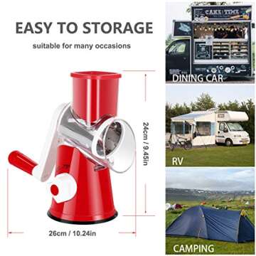 Ancevsk Rotary Cheese Grater Shredder, Speed Kitchen Manual Round Mandolin Slicer Safe Grinder with 3 Interchangeable Blades for Nuts, Carrot, Hashbrown, Garlic, Walnut, Potato, Chocolate (Red)