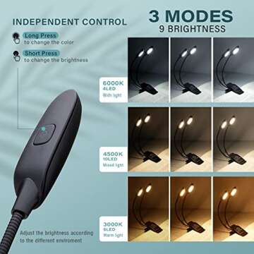 Dual Heads Rechargeable Book-Light for Reading at Night in Bed, Warm/White Reading Light with Clamp,...