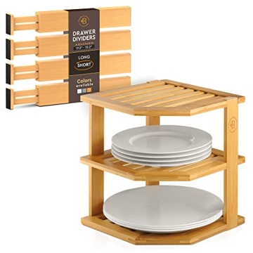 Bamboo Corner Kitchen Shelf and Adjustable Bamboo Drawer Dividers Organizers