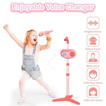 HAYXUN Kids Karaoke Machine for Girls with Adjustable Stand, Bluetooth Karaoke Microphone with Vioce Changer, Singing Recorder - Microphones for Singing Birthday for Girls Boys-Pink, MTK027A-2B/G