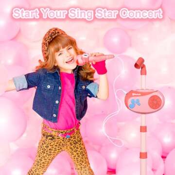 HAYXUN Kids Karaoke Machine for Girls with Adjustable Stand, Bluetooth Karaoke Microphone with Vioce Changer, Singing Recorder - Microphones for Singing Birthday for Girls Boys-Pink, MTK027A-2B/G