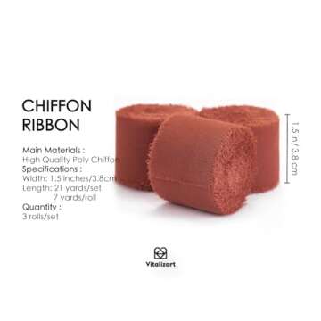 Vitalizart Rust Red Handmade Chiffon Silk Ribbon Fringe 3 Rolls 1.5" x 21 Yd Frayed Edges Ribbons fo...